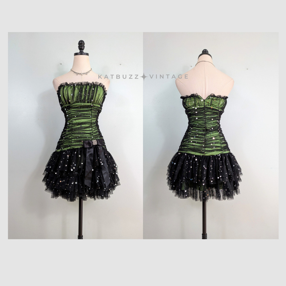 Vintage Nites Prom Dress Mini Gown XS Green Black Y2K Goth Ruffle Hoco Glam Lace